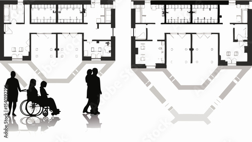 Illustration of two floor plans with people silhouettes including one in a wheelchair and family groups present