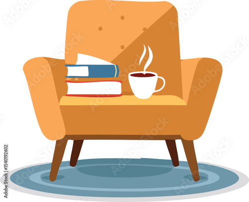 A cozy chair with a cup of tea and a book on the floor, all placed with generous white space. Calm, clean vector