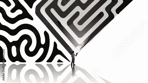 A person standing in front of a black and white maze pattern with a reflection on the ground surface