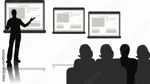 Silhouette of a presenter giving a presentation to an audience with three screens displaying slides