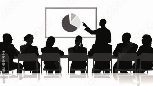 Silhouette of a presenter pointing to a pie chart on a whiteboard with audience members in attendance