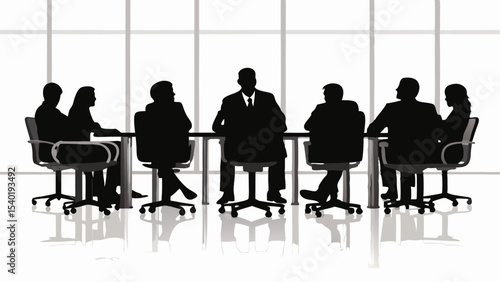 Silhouette of business people sitting around a conference table in a bright office space setting area