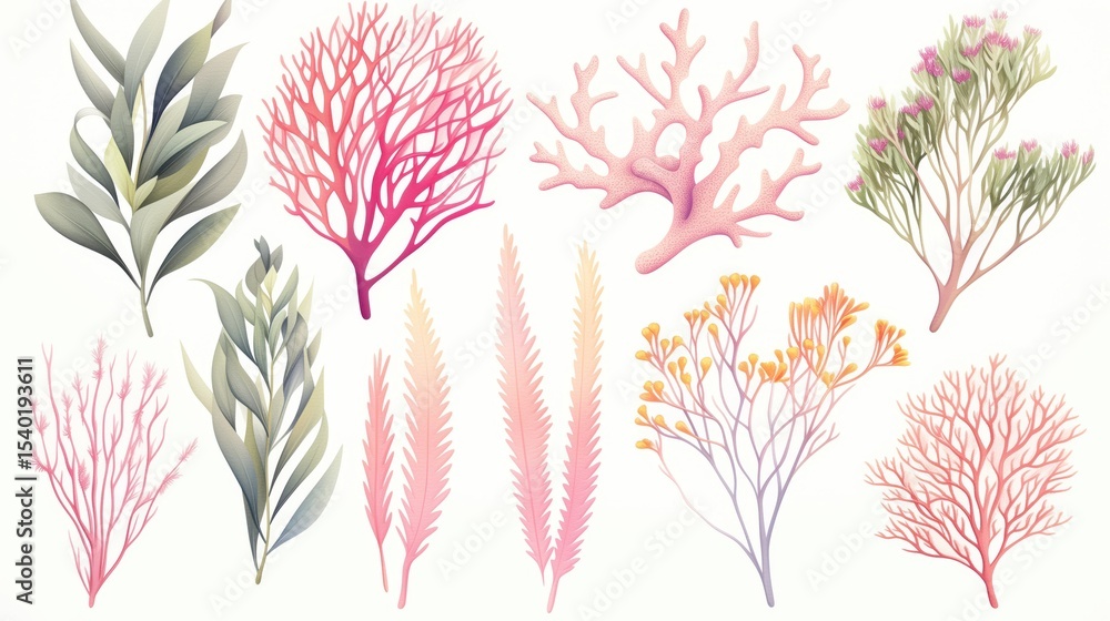 custom made wallpaper toronto digitalA Vibrant Collection of Watercolor Illustrations Featu Various Sea Flora Including Coral, Seaweed, and Seagrass in Beautiful Soft Colors