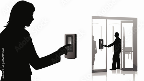 Silhouette of people using security access control systems to enter a building or restricted area