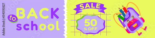 Back to the school sale banner, web banner, with schoolbag character design, in style groovy.Vector illustration.