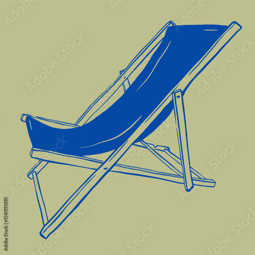 Hand drawn deck chair retro minimal vector illustration. Outdoor folding furniture item for patio, pool and deck. Summer vibe sketch design.