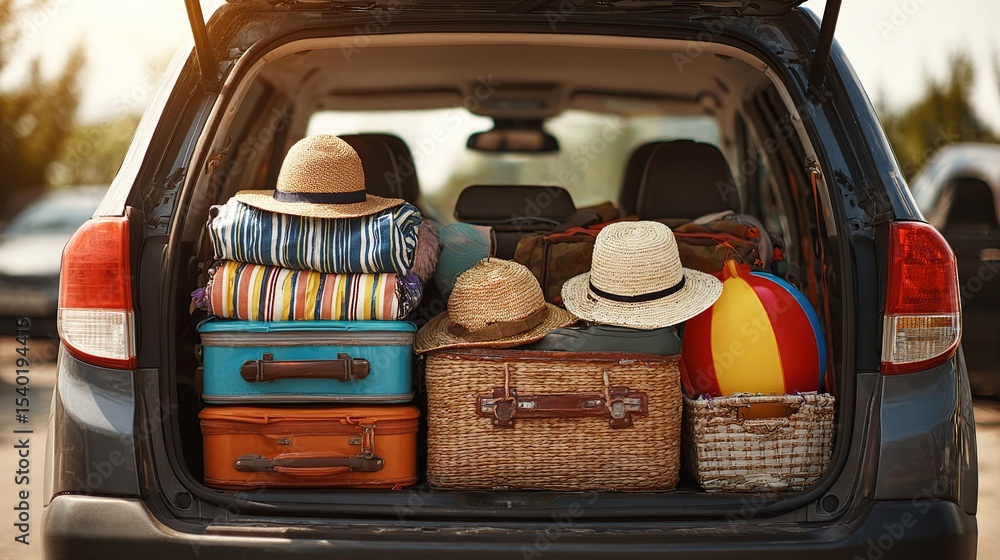Open car trunk filled with luggage suitcases hats and beach ball ready for a summer vacation trip on transparent background Open car trunk filled with luggage suitcases hats and beach ball ready for a summer vacation trip on transparent background