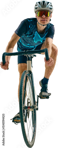 Cuadro en lienzo Athlete in tight formation races directly toward viewer in frontal sprint position on modern road bicycle isolated on transparent background