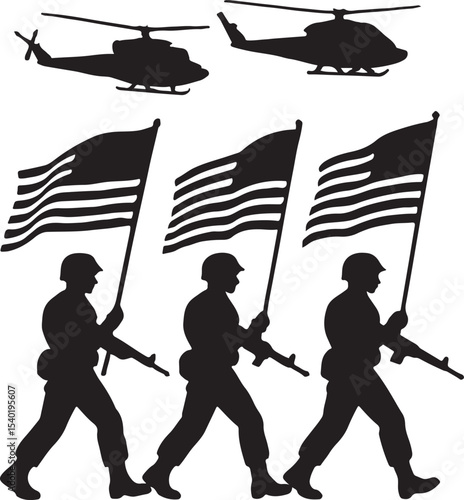 Silhouettes of soldiers in military uniform, a vector illustration of people, children, and a family group, captured in action