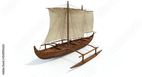 Polynesian Double Hulled Canoe in 3D Rendering Isolated on White Background with Detailed Wood Texture and Tall Off White Sails