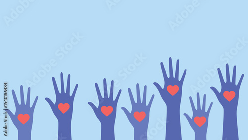 World Humanitarian Day Vector Illustration, Raised Hands with Hearts Symbolizing Unity and Volunteerism