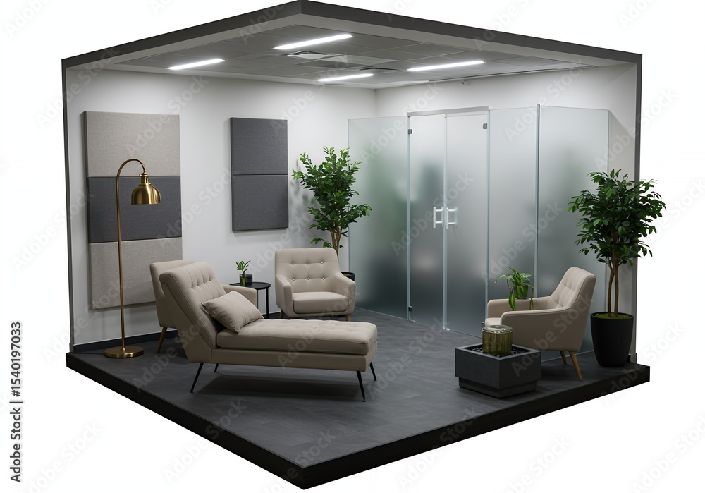 Fototapeta premium Relaxation Zone with Chaise Lounge Armchairs and Potted Plants in Muted Tones