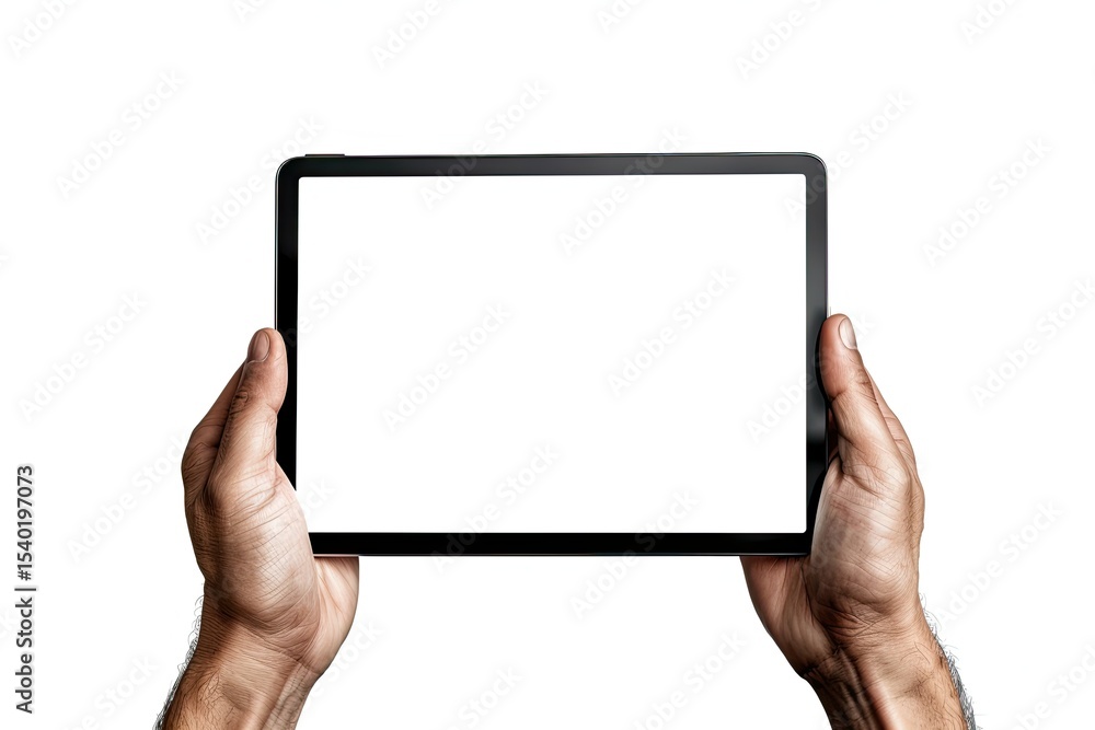 Men Hands Hold a Tablet Touch Pad Computer Gadget Isolated on White Background with Clipping Path Men Hands Hold a Tablet Touch Pad Computer Gadget Isolated on White Background with Clipping Path