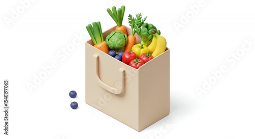 Reusable Shopping Bag Filled with Fresh Produce 3D Render on White Background Representing Healthy Eating and Sustainable Living Concept