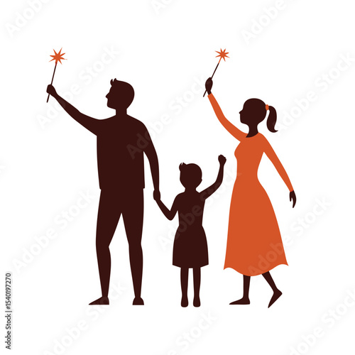 Silhouette of a happy family holding sparklers celebrating a special festive moment