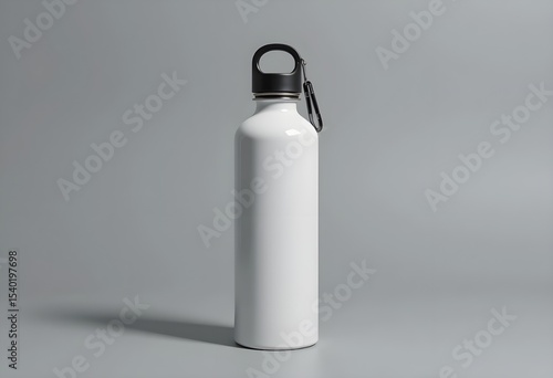 Minimalist White Metal Water Bottle with Black Cap and Carabiner on Gray Background