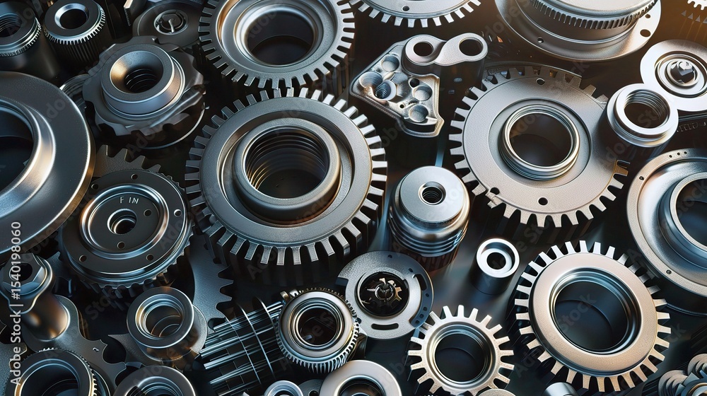 Close-up of diverse mechanical parts including gears, bearings, shafts, and bolts, crafted from steel and aluminum for industrial manufacturing, assembly, and maintenance Close-up of diverse mechanical parts including gears, bearings, shafts, and bolts, crafted from steel and aluminum for industrial manufacturing, assembly, and maintenance