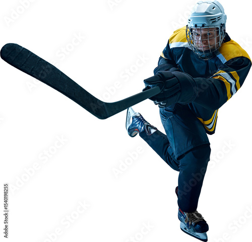 Schilderij op canvas Energetic athlete swings forward with full force in slapshot motion, blade extended and eyes locked ahead, transparent PNG format