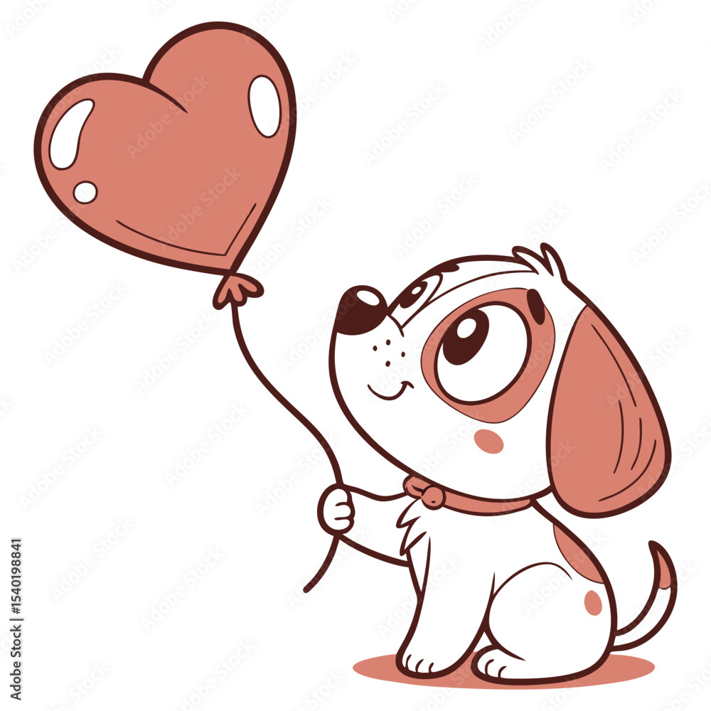 Obraz premium Cute cartoon puppy holding heart balloon vector — love and kindness illustration for kids and greeting cards