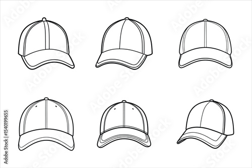 Six Outline Baseball Cap Views Line Art Illustrations