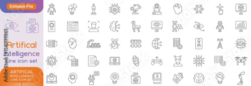 Artificial Intelligence web icons in line style. Innovation technology, virtual, learning, assistant, test, machine, robot, bot, brain, collection. Vector illustration.
