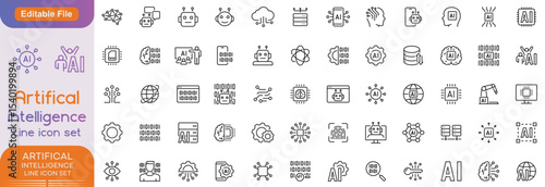 Artificial Intelligence web icons in line style. Innovation technology, virtual, learning, assistant, test, machine, robot, bot, brain, collection. Vector illustration.