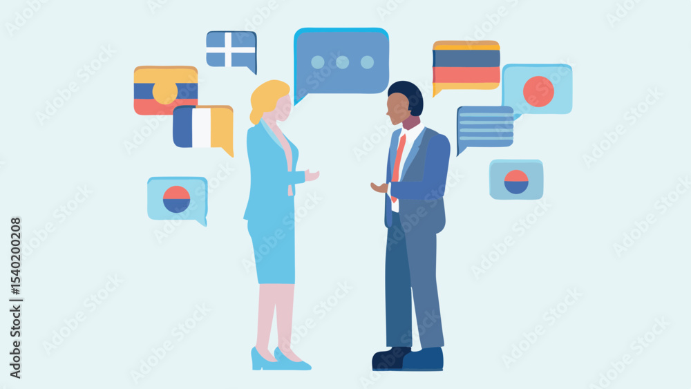 Business people communicating with international speech bubbles representing languages Business people communicating with international speech bubbles representing languages