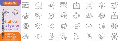 Artificial intelligence - Icon Collection. Thin Line Set contains such Icons as Ai Architecture, Brain, Robotics, Machine Learning, Ai Technology, Algorithm and more. Simple web icons