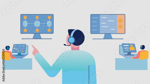 Illustration of a call center environment with operators and computer screens showing data visualizations