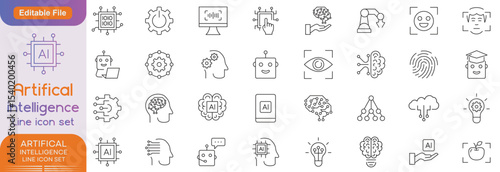 Artificial intelligence - Icon Collection. Thin Line Set contains such Icons as Ai Architecture, Brain, Robotics, Machine Learning, Ai Technology, Algorithm and more. Simple web icons