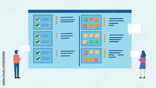 Illustration of a kanban board with people discussing tasks and project management process flow chart