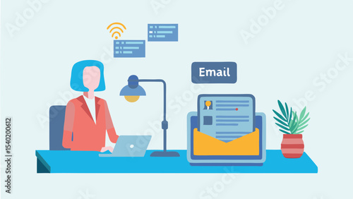 Woman working at desk with laptop, email icon, plant, and lamp in a brightly lit office space design