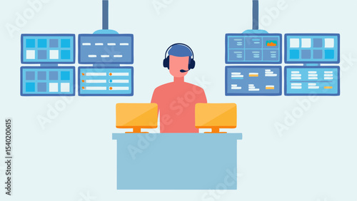 Operator with headset in a control room monitoring multiple screens and working at a desk with computers
