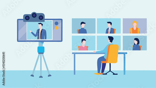 Online meeting with presenter on screen and attendees in a video conference call shown on wall