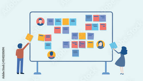 People collaborating on a whiteboard with sticky notes and profile icons in a meeting room