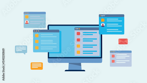 Illustration showing a desktop computer with multiple windows and an email icon around it