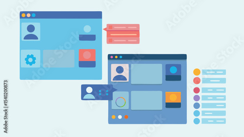 Illustration of two user interface windows with settings and profile options displayed clearly visible