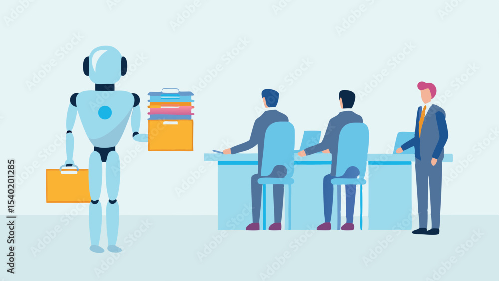 Robot carrying files and briefcase stands near office workers at desks in a bright office space Robot carrying files and briefcase stands near office workers at desks in a bright office space