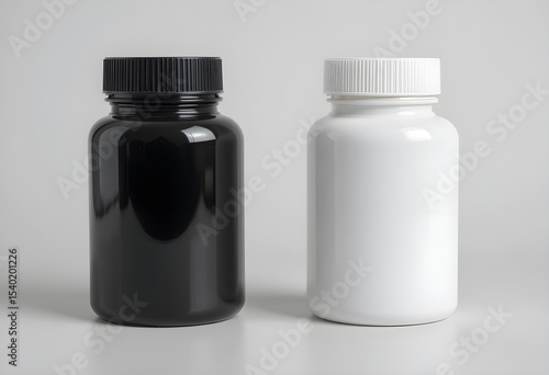 Minimalist Black and White Cylindrical Plastic Bottles with Screw-On Caps on White Background