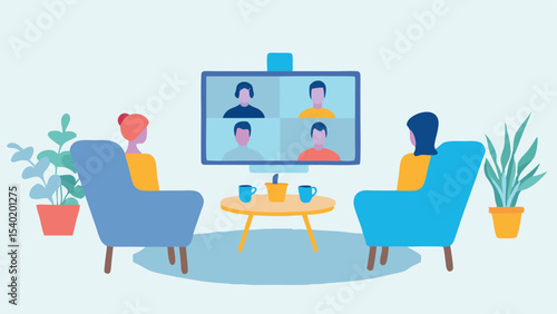 People on a video call sitting in chairs with plants and a table with cups and a pitcher present