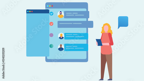 Woman with tablet near messaging app interface with profile icons and chat bubbles displayed on screen