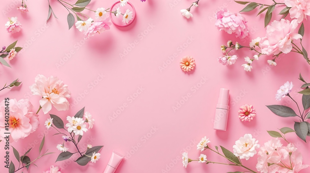 Fototapeta premium Flat lay of pink background with flowers and cosmetic products arranged around the edges of the frame