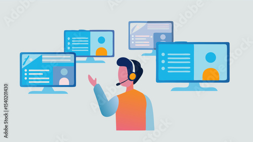 Illustration of a call center worker with headset surrounded by computer screens with user profiles
