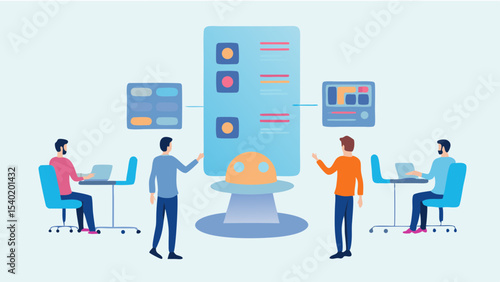 Team collaboration with data visualization and robot platform in a modern office setting shown here