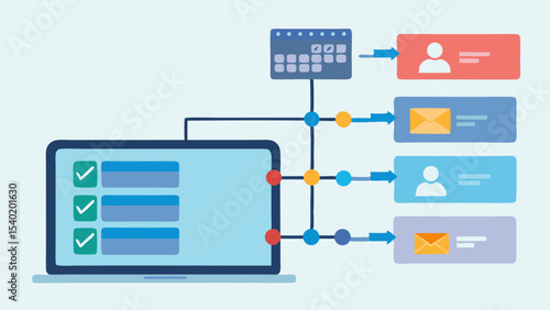 Laptop with checklist connected to calendar, profile and emails with arrows and lines diagram