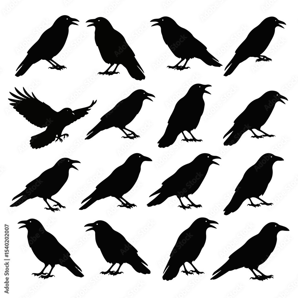 Obraz premium Vivid collection of black crows perching and soaring against a bright sky