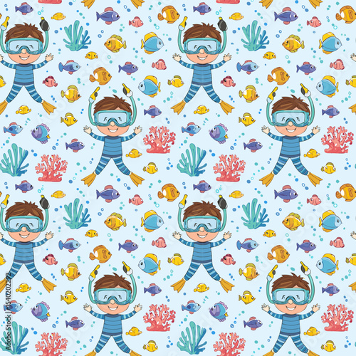 seamless doodle pattern of kids snorkeling with fish and coral, smiling faces, colorful and playful