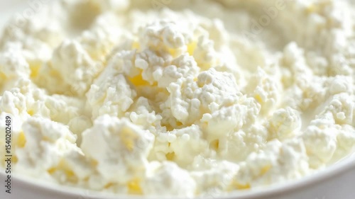 Close up on white cottage cheese in a bowl, full of milk and soft curds, creating a dairy rich food for breakfast and dessert.
