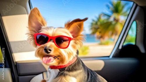 Wallpaper Mural Yorkshire Terrier dog wears red sunglasses looking out car window towards tropical beach, ready for summer vacation Torontodigital.ca
