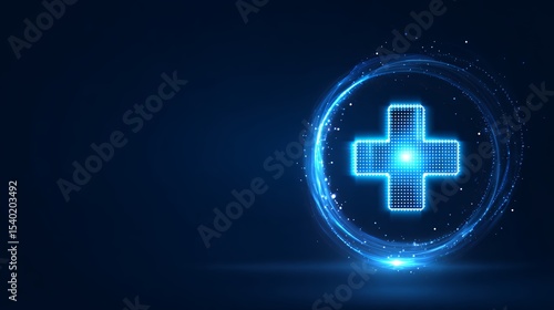 digital healthcare technology medical cross hologram futuristic blue neon glowing symbol on dark background